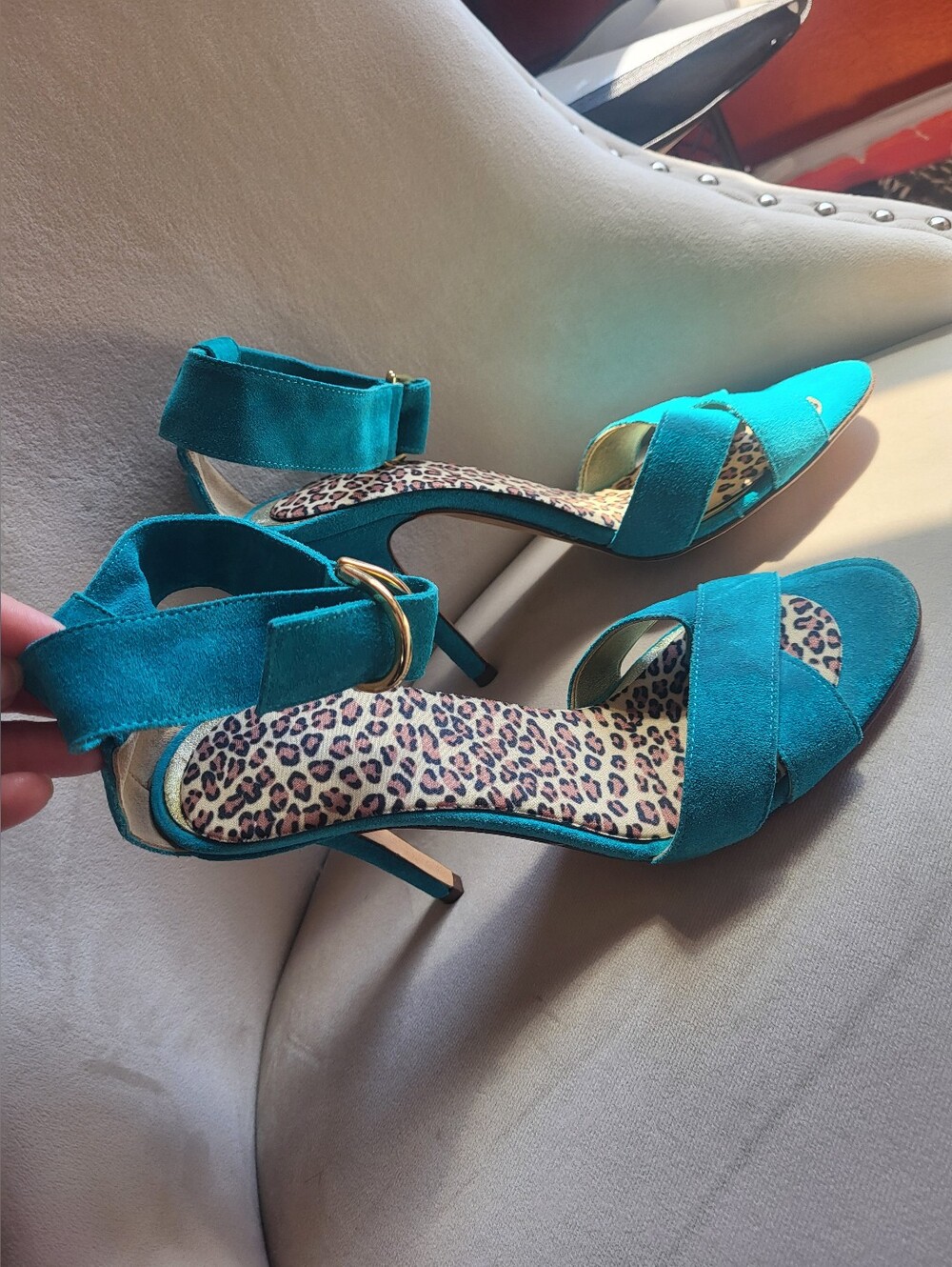 Turquoise Suede Ankle-Strap Heels with Leopard Insole